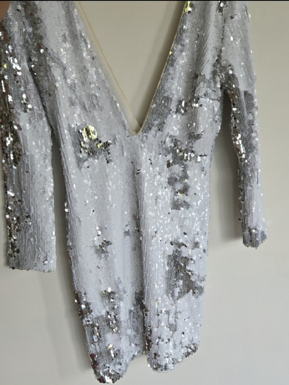 Nasty Gal Silver Sequin Plunge V-Neck Long-Sleeve Mini Dress